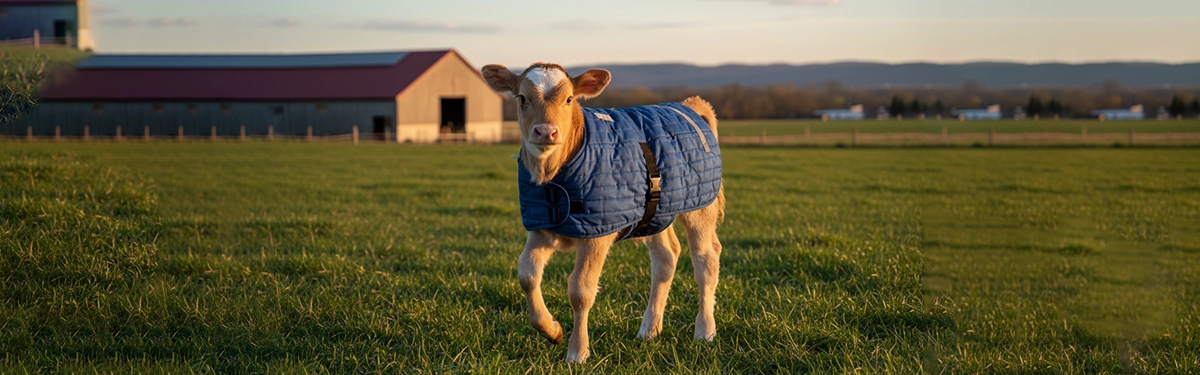 Young calf wearing a calf jacket to stay warm in cold weather